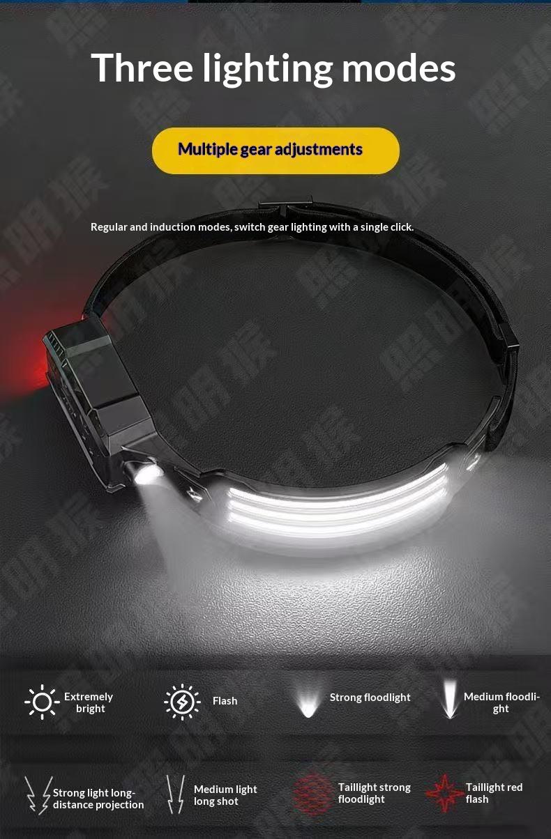 Silicone headlight LED mini multifunctional wave sensing head mounted light COB outdoor fishing and hiking strong light far and near bald head light | Multi level adjustment | Ultra lightweight and portable