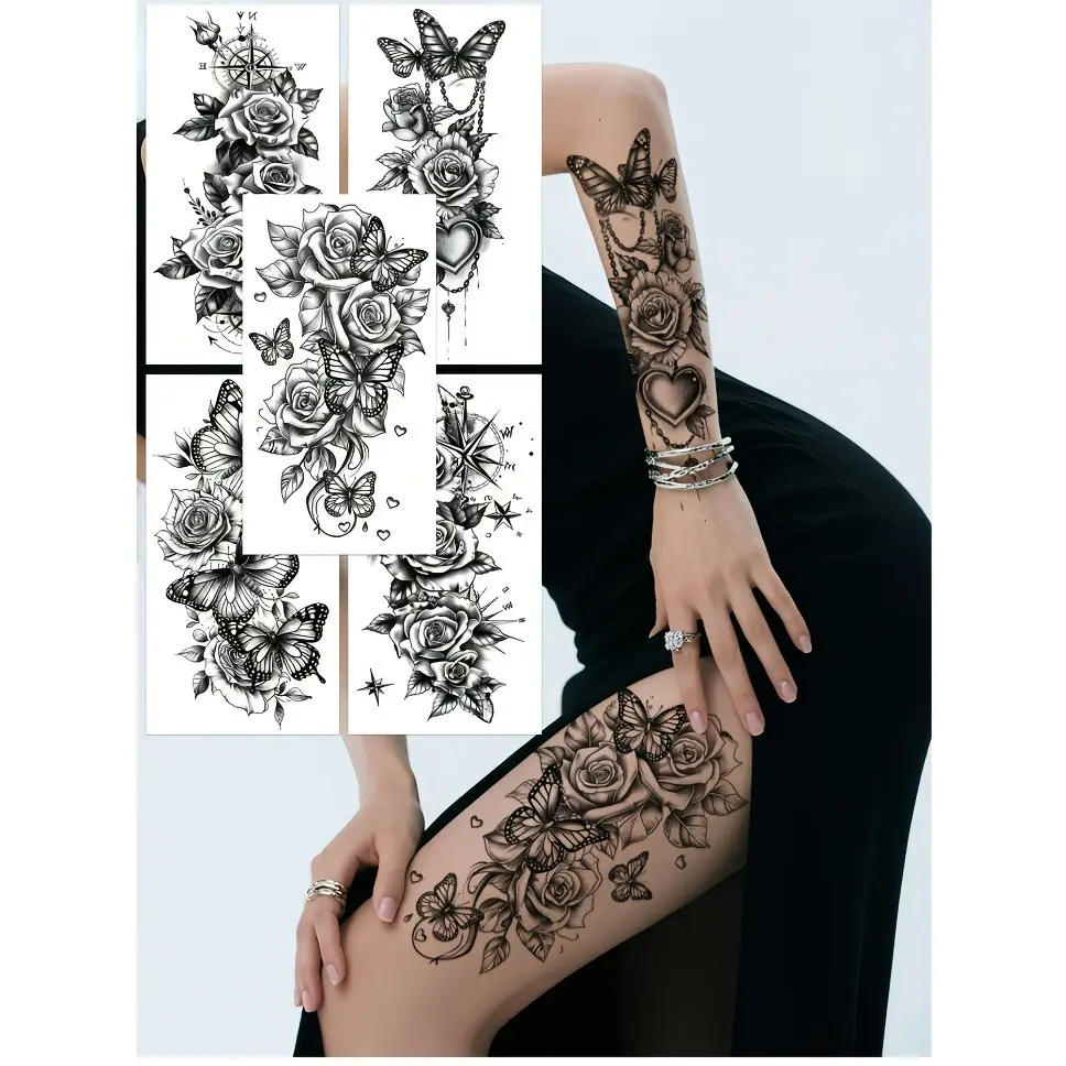 5 Pieces Temporary Butterfly Flower Tattoo Stickers, Waterproof Temporary Fake Tattoos for Arms and Legs, Waterproof and Sweatproof, Easy Application for Women, Perfect for Parties and Valentine's Day