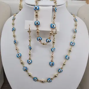 (C24)Ojos Turcos Blue Set Earrings Necklace and Bracelet with Gold Accents and Blue Evil Eye Beads for Women
