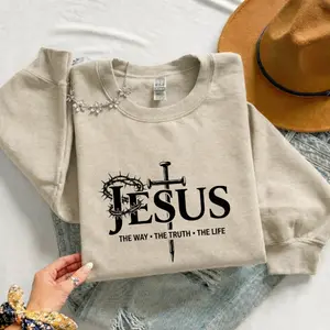 Jesus The Way The Truth The Life Graphic Crewneck Sweatshirt | Unisex Crown of Thorns Christian Faith Design Cozy Soft Fleece Pullover | Christian Gift, Faith Apparel