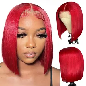 GK Red Bob Wigs Human Hair Red 13X4 Bob Lace Frontal Wigs Human Hair for Women 180% Density Wear and Go Glueless Wig Blunt Cut Straight Short Bob Wigs Pre Plucked With Baby Hair 10 Inch