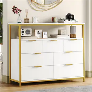FOTOSOK White & Gold 7-Drawer Tall Dresser with Open Shelf – Modern Storage Cabinet for Entryway & Living Room