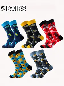 5 Pairs Fun Printed Crew Socks for Men, Bright Colors, Breathable Fabric, Sweat-Wicking, Odor-Resistant, Ideal for Daily Wear