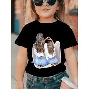 Girls' Graphic Printed T-Shirt, Soft Cotton-Poly Blend Casual Short Sleeve Crew Neck Top, 'Mom and Daughter' Parent-Child Outfit, Graphic Printed Tee