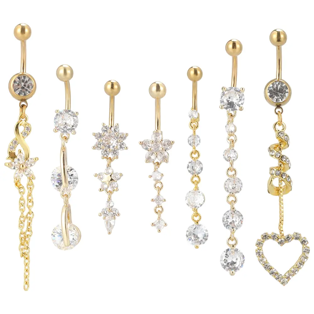 7 PCS Dangle Belly Button Ring - Hypoallergenic Surgical Steel Belly Rings for Women 14G Navel Button PiercingFlower Heart Curved Navel Piercing Jewelry
