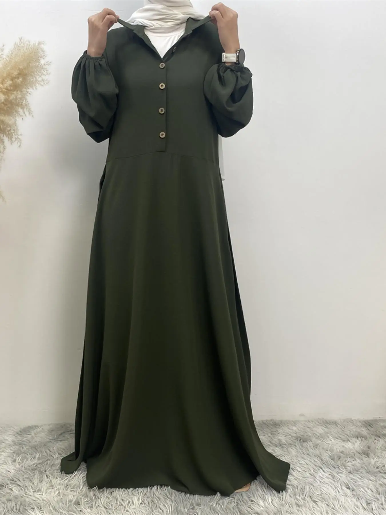 Women's Plain Bishop Sleeve Button Front Chiffon Dress, Casual Long Sleeve Collared Maxi Dress for Spring & Fall, Women's Islamic Clothing for Daily W