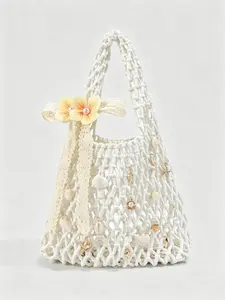 Fresh and practical texture woven shoulder bag, embellished with shell, pearl, and ocean elements, lace ribbon, woven long shoulder strap, beige background, suitable for party/vacation dressing scenes, Textured Bag