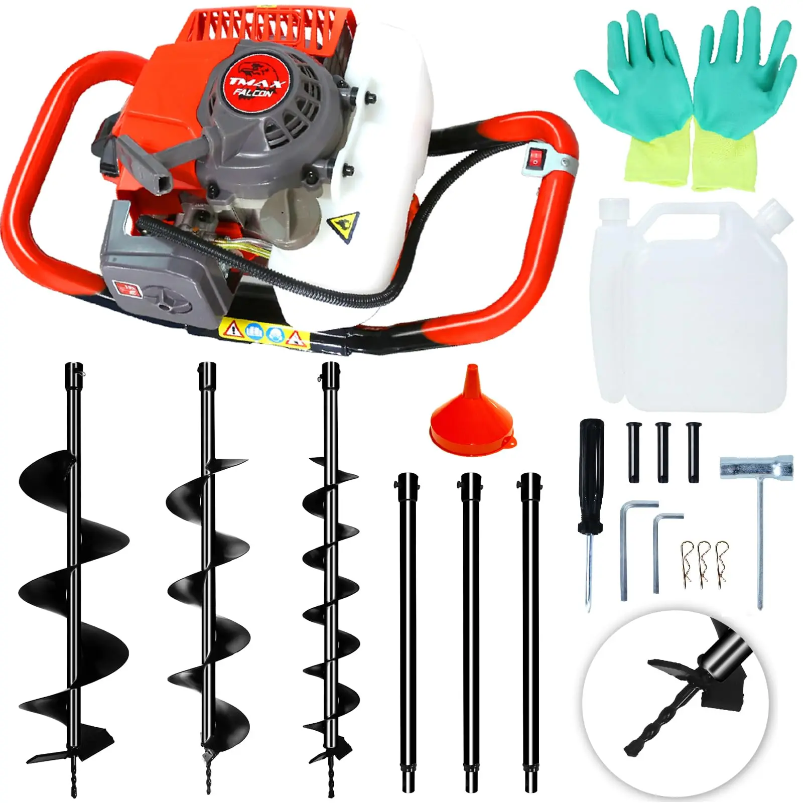 62CC Auger Post Hole Digger with 3 Auger Drill Bits(3" & 5 & 8") + 3 Extension Rods(24" & 24" & 24"), Gas Powered 2-Stroke Earth Digger for Orchard Farm Garden Plant
