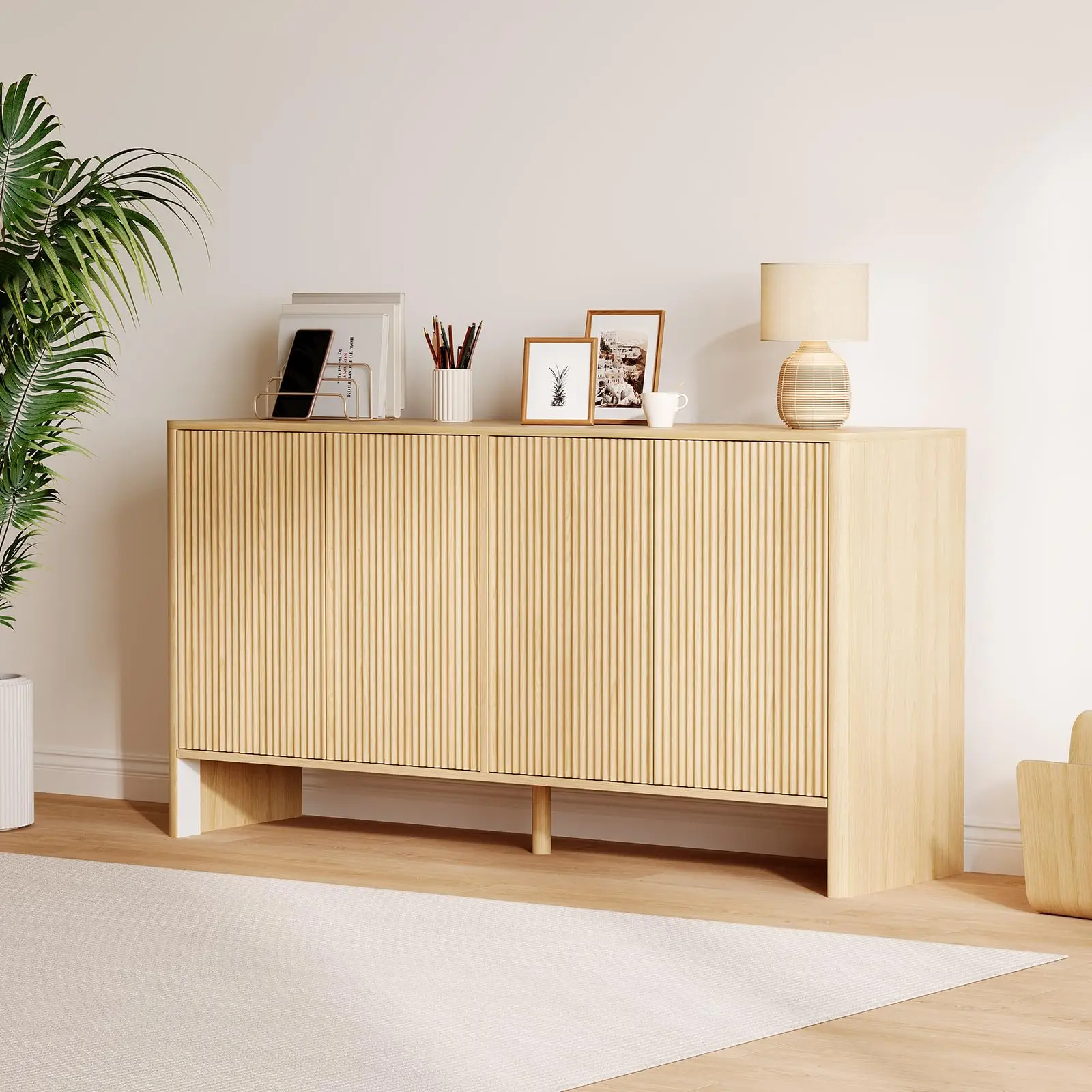 58-in Natural Oak Wood Fluted Sideboard Buffet Cabinet - Sturdy Contemporary Freestanding Accent Cabinet with 4 Doors, Smooth-Closing Hinges, Drawers, Adjustable Shelves, Elevated Base for Kitchen, Dining, Hallway Entryway