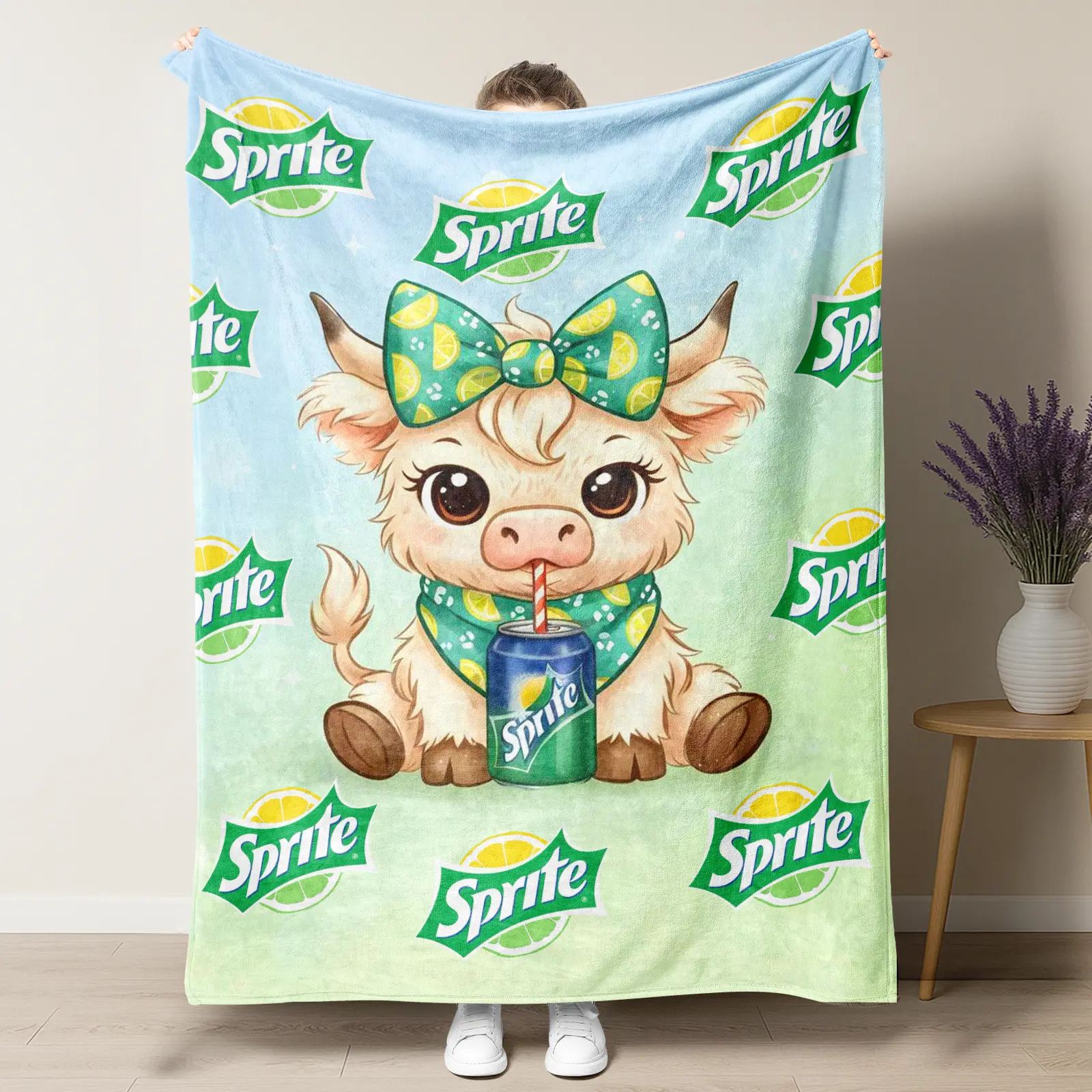 Sprite Highland Cow Cartoon Pattern Blanket,Sprite Lemon Flavor Classic Green Color
