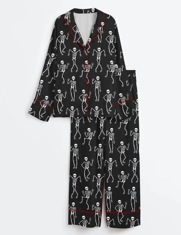 Cute Halloween Skeleton Pajama Set for Women, Candy Print Satin Sleepwear, Short Sleeve & Long Sleeve Lounge Set