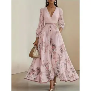 Elegant Olive Green V-Neck A-Line Formal Maxi Dress With Floral Lace Appliqu??, Ruffled Bodice & Slit Hem - Machine Washable Women'S Wedding, Party & Evening Gown, Wedding Dresses, Wedding Guest Attire, Vneck Design, Pleated Skirt Style, Highquality Fabri