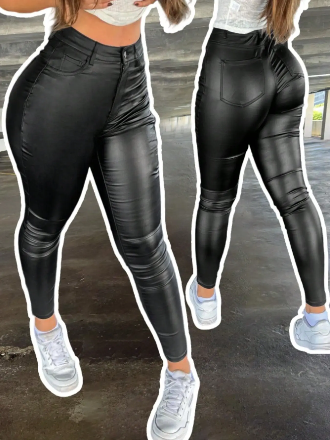 Curve-Fit Coated Leather Pants, Medium Waist, High Waist, Spring & Fall Outerwear, Tight Fit, Women's Fashion