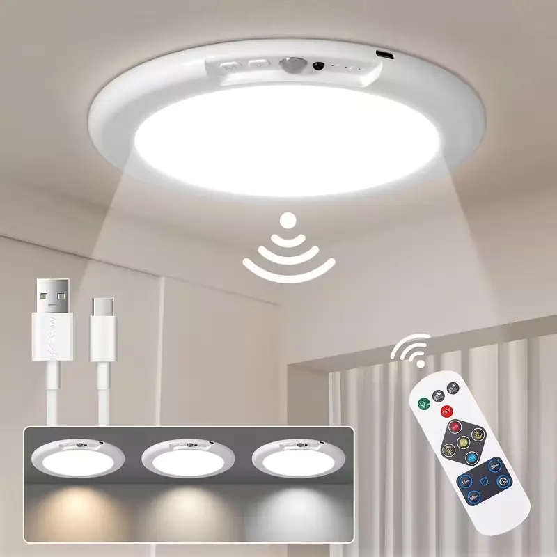 [summervibes]Magnetic Ceiling Light, Rechargeable LED Ceiling Light with Remote Control, 3 Adjustable Color Temperatures 3000K/4500K/6500K, 10 Brightness Levels, Motion Sensor Cabinet Light, Suitable for Shower Room, Bathroom, Porch, Bedroom,