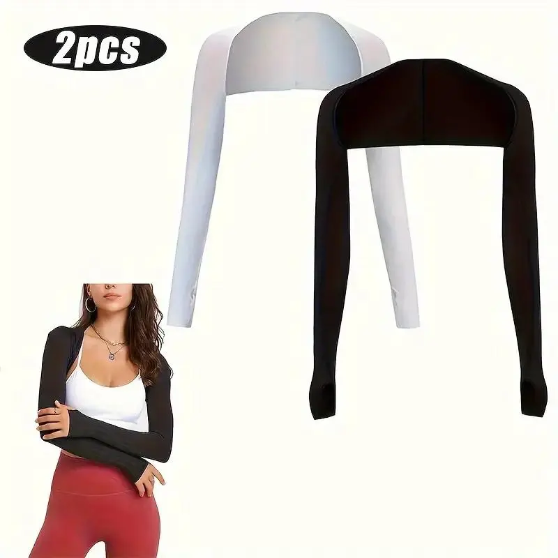Cooling shawl sleeve set 2 sets of UV protective shawl sleeves with finger holes, suitable for women's sun protection, black and white