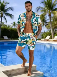 Men's Tropical Hawaiian Two-Piece Set, Palm Tree Print Collared Button Shirt and Shorts, Casual Beachwear, Tropical Theme, Soft Stretch Fabric, Multiple Sizes, Menswear, Clothes