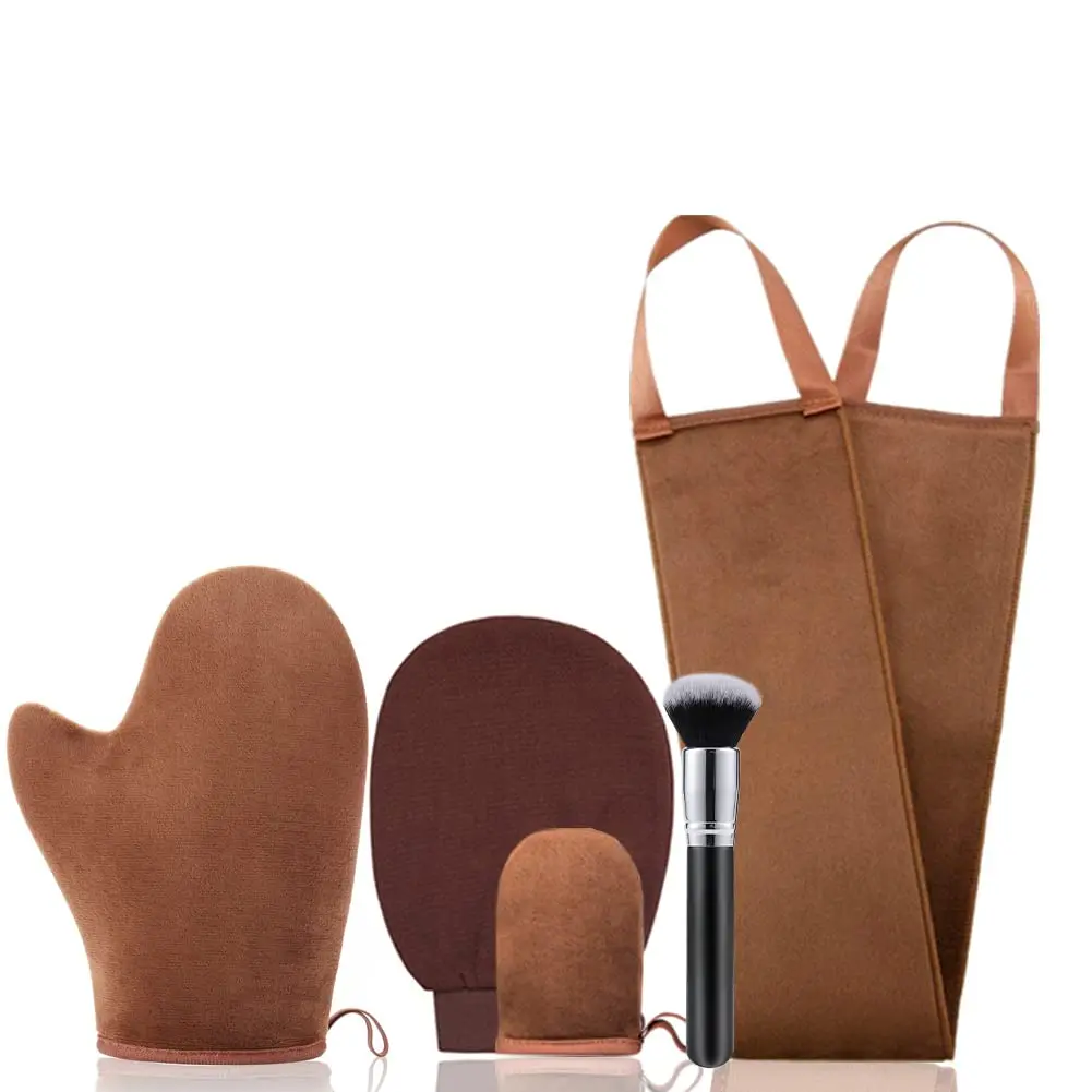 5-Piece Velvet Fiber Self Tanner Applicator Kit - Streak-Free Even Tanning for Face/Back/Body, Includes Back Applicator, Face Brush, Exfoliating Cleansing Glove, Mini Tan Mitt, Easy to Apply for Hard Reach Areas, Washable Bath & Body Tool Set