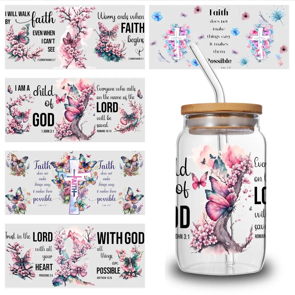 5 Sheets Faith Butterfly UV DTF Stickers Mug Decoration Gift Glass DTF Transfer Stickers UV DTF Stickers Suitable for 16 oz Glass Waterproof Rub on Transfers