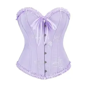 Strapless Overbust Corset Bustier Shapewear with Ruffles And Lace for a Masquerade, Designed to Be Worn Outside, Featuring a Beautiful Back And Front Button Closure for Women.