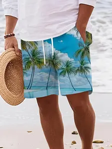 Men's tropical geometric pattern beach shorts with lightweight polyester waistband design, suitable for summer outdoor sports and casual wear, machine washable and durable fabric, perfect holiday gift, ideal for summer travel and everyday leisure