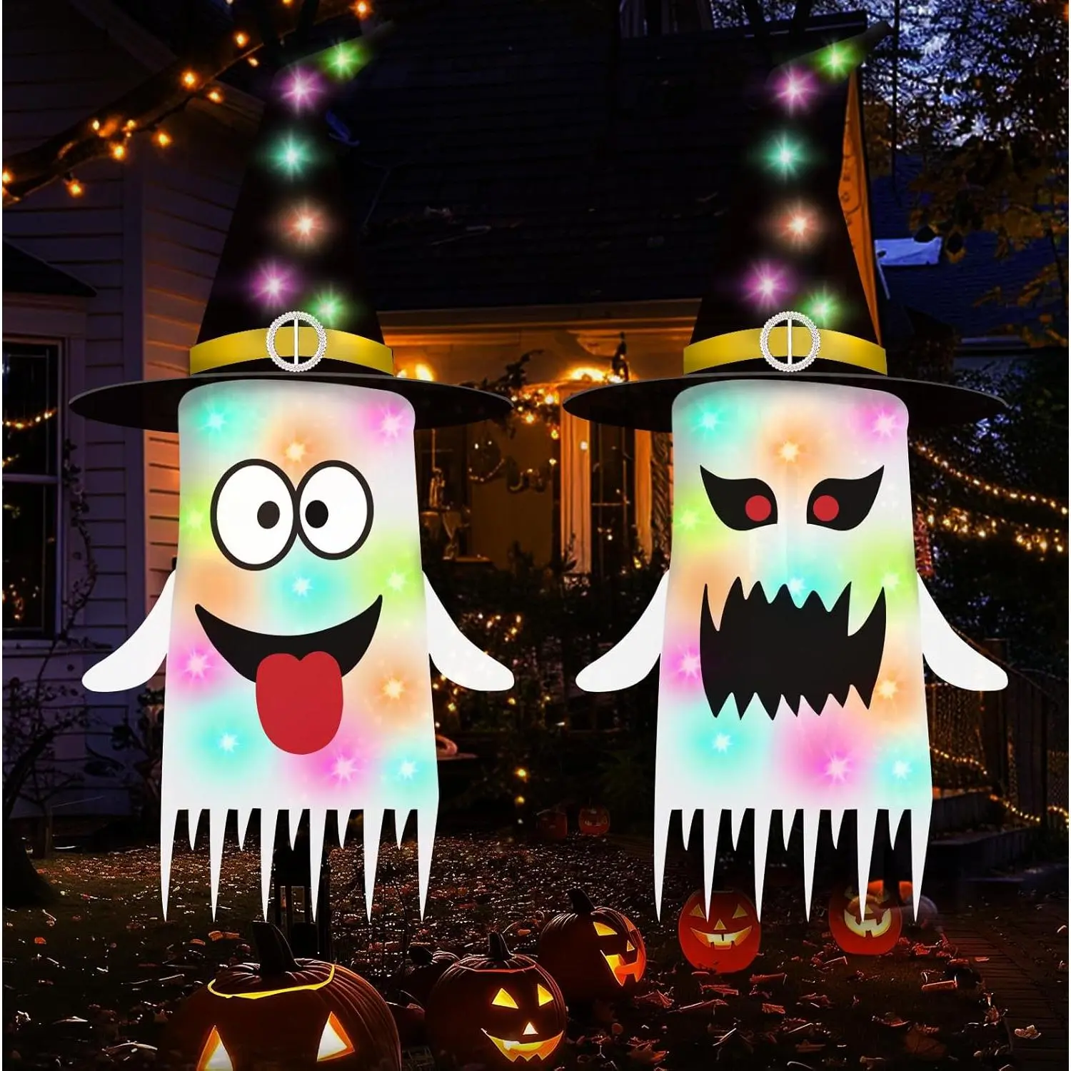 29.5in Lighted Hangable Ghost Witch Hat Ornaments, Halloween Aesthetic Holiday Decoration with Festival Lights, Indoor-Outdoor Hanging Party Supplies