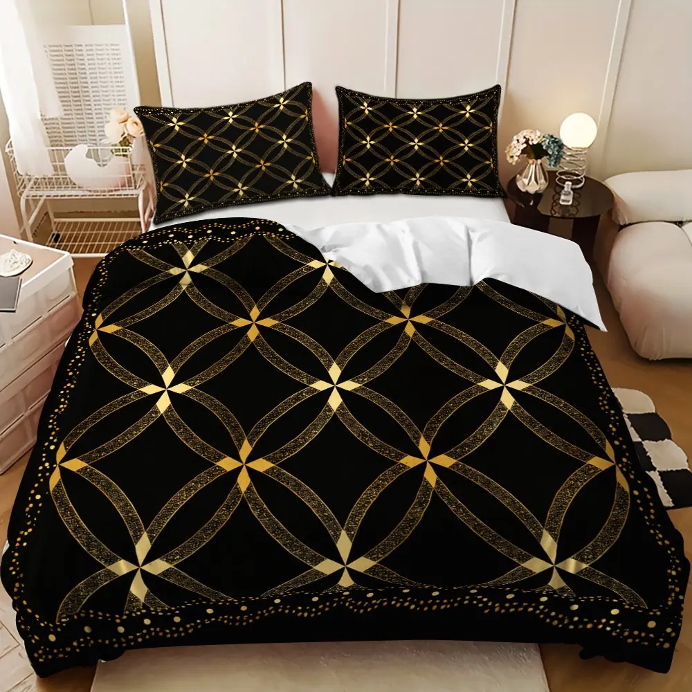 Bedding Set - 3PCS Black and Gold Geometric Diamond Pattern Down Comforter Set (1 comforter cover + 2 pillowcases, filling not included) - Soft and comfortable, Comfy Bedding Set