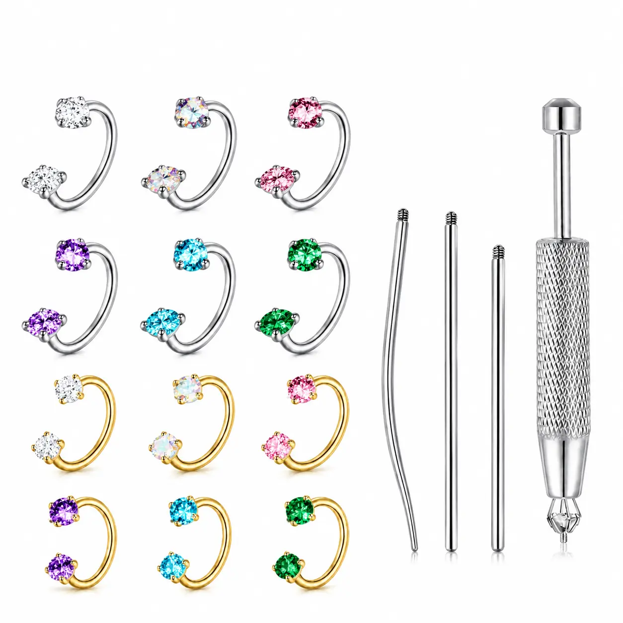 12Pcs  Stainless Steel  Horseshoe Nose Rings Studs,  Stainless Steel Threaded Labret Lip Daith Helix Tragus Cartilage Earrings Piercing Jewelry for Women & Men ，Piercing Taper Ball Grabber Tool