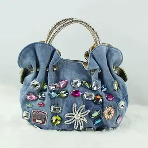 Vintage Denim Shoulder Bag with Rhinestone Accents