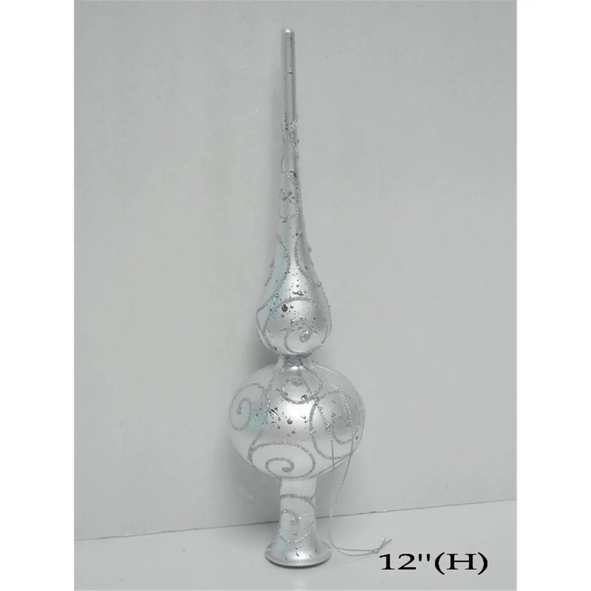 212 MAIN 12 in. Silver Glitter Finial Christmas Tree Topper, Shatterproof Lightweight Festive Ornament, Easy-Install Home Holiday Display Centerpiece Decoration Accessory