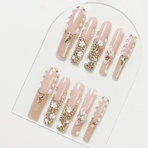 Rhinestone Embellished & Fower & Pearl Decor Long Square Fake Nail for Gift, 10pcs Elegant Decorated Long Square Fashion Press on Nails for Women & Girls DIY Nail Art, Nail Art Design, Elegant Stick on Nails Kit