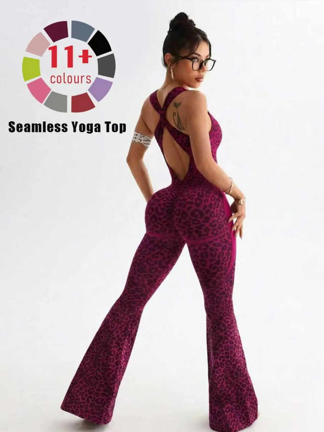 Women's Seamless Sleeveless Jumpsuit, Leopard Print Micro Flare-Leg Jumpsuit, Criss Cross Design, Ideal for Running, Yoga and Outdoor Activities, Stretchy Activewear, Sleeveless Workout Jumpsuit