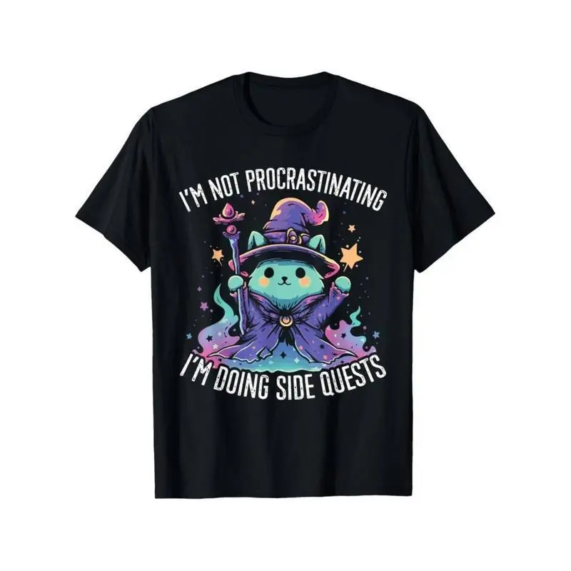 Wizard Cat Side Quests Graphic Tee for Men Women White Cotton T-shirt Cute Funny Summer Casual Gift 1
