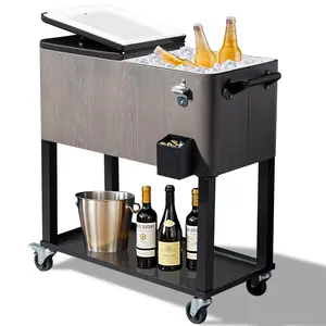 80 Quart Rolling Ice Chest, Portable Bar Drink Cooler with Catch Basin, Bottom Storage Tray and Bottle Opener for Patio Party BBQ Beach Activities outdoor freezer