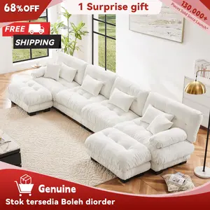 【Sub 4 packages】Niccae Free Combination Modular Sectional Sofa,U Shaped Couch for Living Room, 4-Seater Comfy Cloud Couch with 2 Ottomans, Chenille White