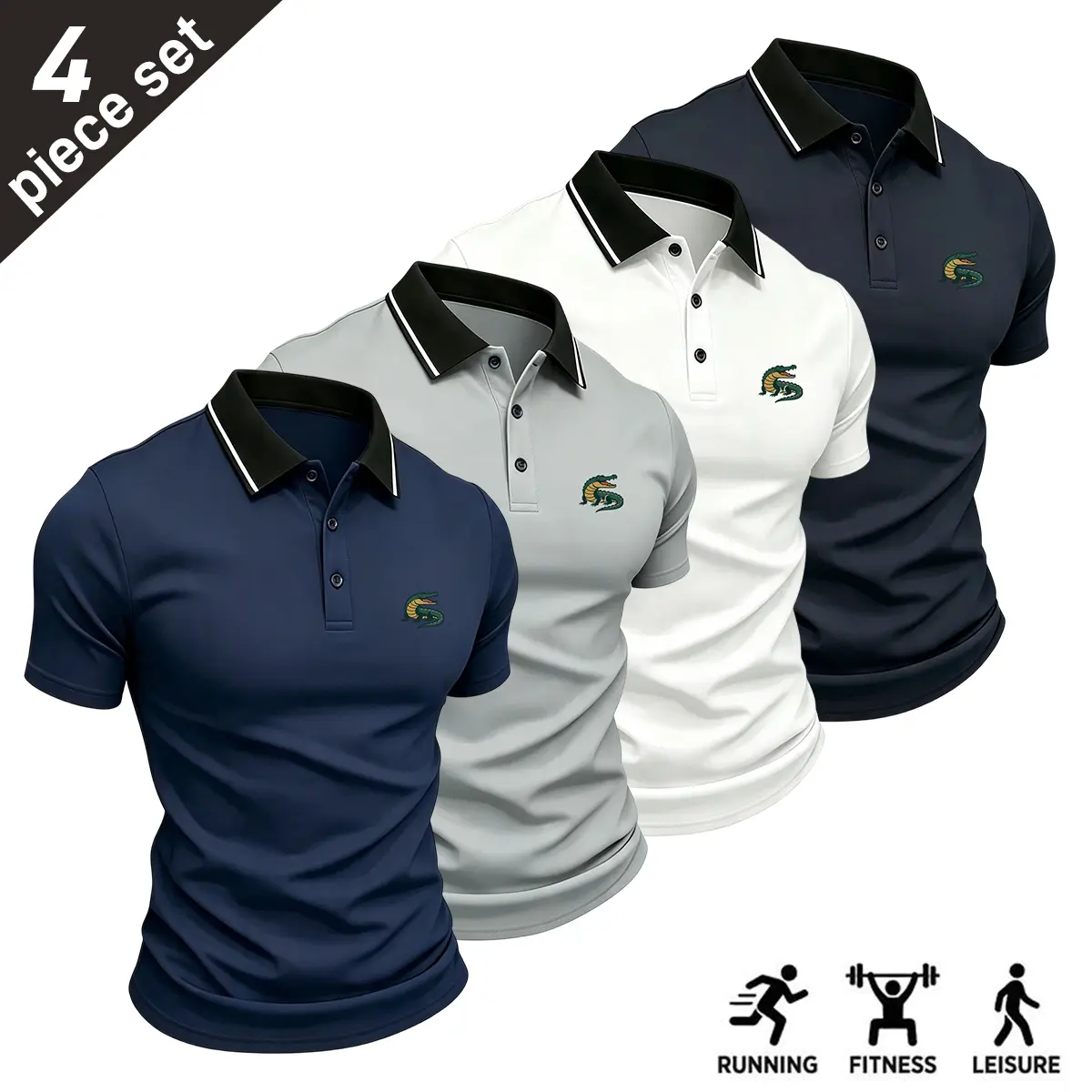Solid-color polo shirts with a turn-down collar, 4-piece mixed pack; breathable, quick-drying casual golf shirts made from lightweight, stretchy polyester with button design; suitable for summer office wear, boating outings, and everyday outfits; anchor p