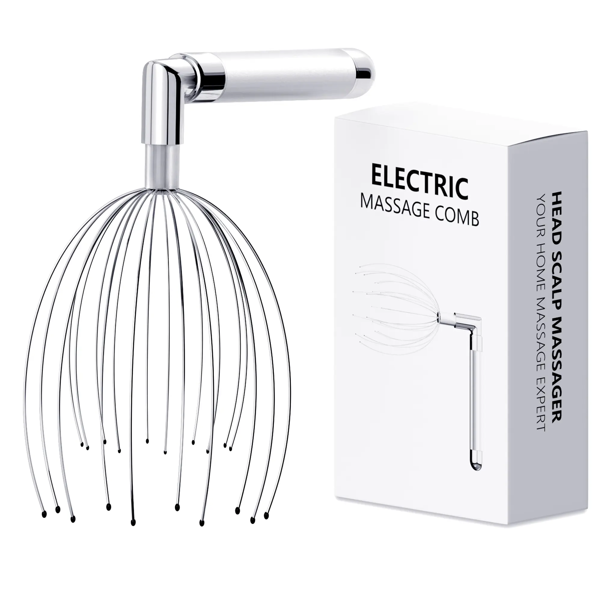 Electric Scalp Massager with L-Handle Waterproof Head Scratcher & Hair Massage Tool with 20 Metal Fingers for Stress Relief and Relaxation