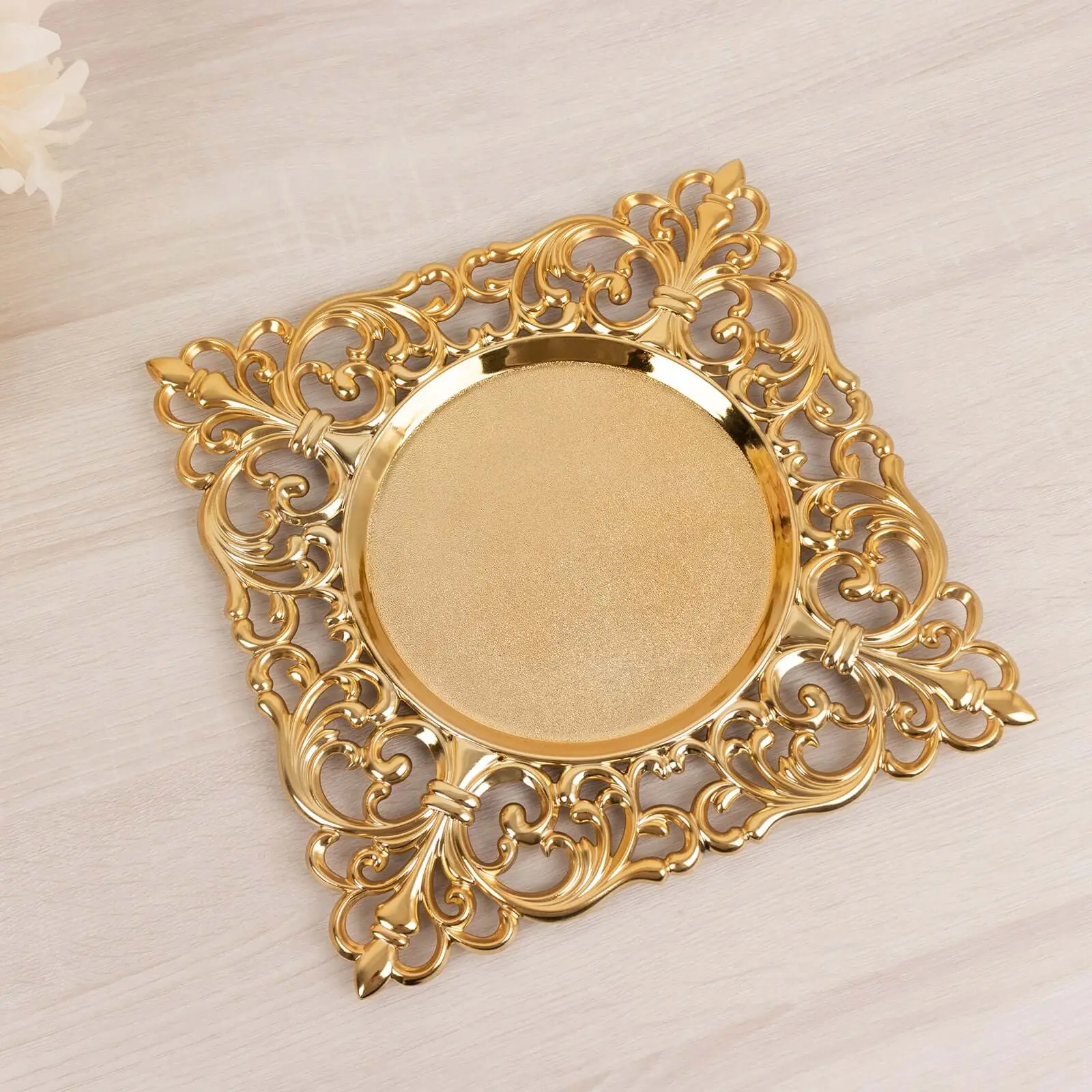 12" Glossy Gold Acrylic Square Shape Charger Plates, 6-Pack Charger with Hollow Lace Border, Elegant Plates for Formal Events Tabletop Decorative Tableware
