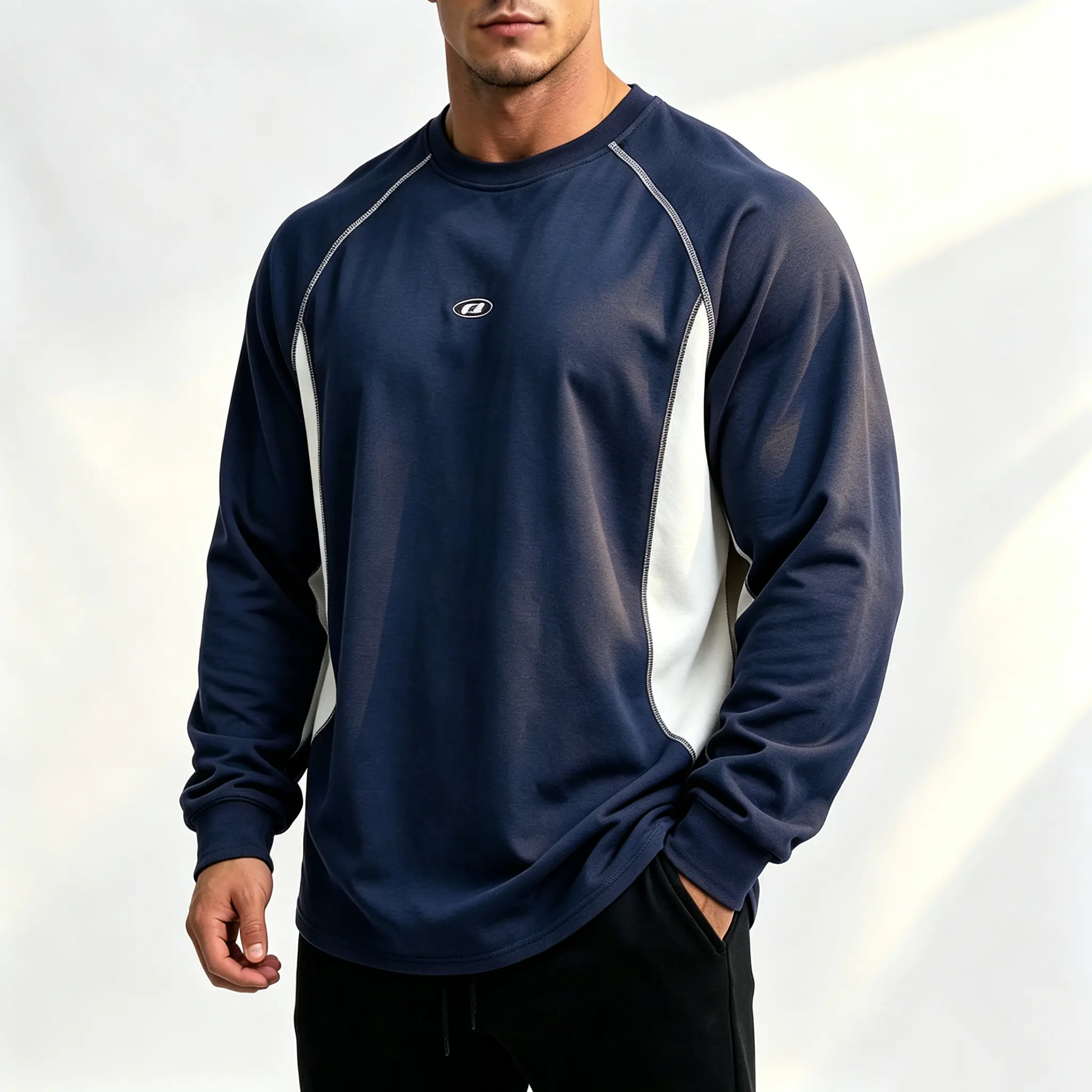 Men’s Color-Block Raglan Patchwork Sleeve Quick-Dry Long-Sleeve T-Shirt - Spring/Autumn, Breathable High Elasticity Fabric, Loose Fit, Curved Hem - Athletic Casual Outdoor Base Layer for Fitness Training, Sporty