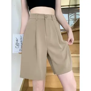 Women's Summer Lightweight Khaki Ice Silk Chiffon Suit Shorts - High-Waisted Wide-Leg Mid-Length, Loose Quick-Dry 5-Inch Inseam