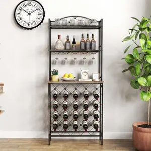 Industrial Wine Rack Bar Table, 3-Tier Freestanding Wine Organizer with 20 Bottle Storage & Glass Holder