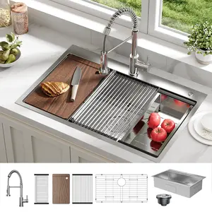 Elevate Your Kitchen Prep! Drop in Kitchen Sink with Pull Down Spring Faucet, 33x22x9 Stainless Steel Single Bowl Workstation + All Accessories (Silver)