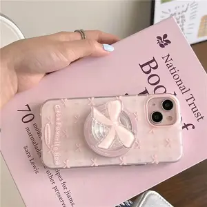 Magnetic pink bow phone case with holder For iPhone 12 13 14 15 16 17 Pro max