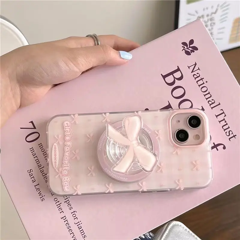 Magnetic pink bow phone case with holder For iPhone 12 13 14 15 16 17 Pro max
