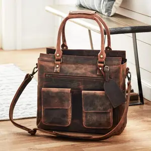 Full Grain Buffalo Leather 6-Bottle Bag with Corkscrew & Aerator