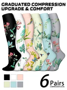 6 pairs of men's and women's compression socks wide calf men's and women's booster socks for circulation, running, nurses, pregnant women Support for blood circulation Various colour patterns available, Breathable Compression Socks