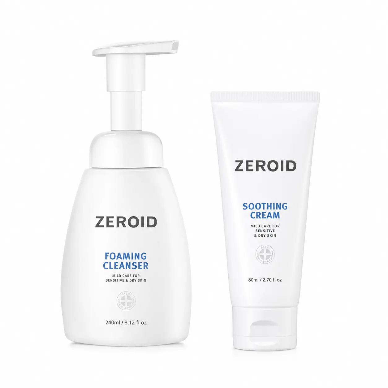 ZEROID | Barrier Repair Duo | Foaming Cleanser | Soothing Cream | Cleanser & Cream for Sensitive and Dry Skin | 8.1 fl oz (240ml) + 2.70 fl oz (80ml)