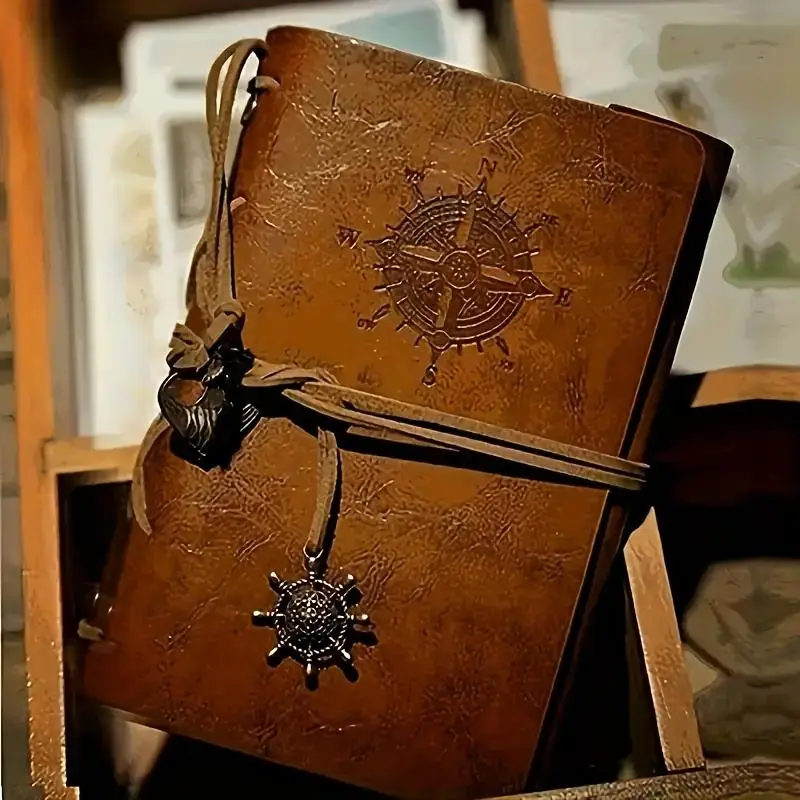 Vintage Leather Notebook, 4 Counts/set Antique Pirate-themed Maritime Compass Design Notebook, Hardbound Writing Journal with metallic Clasp & Spiral Binding, Travel Diary Notebook Journals for Writing
