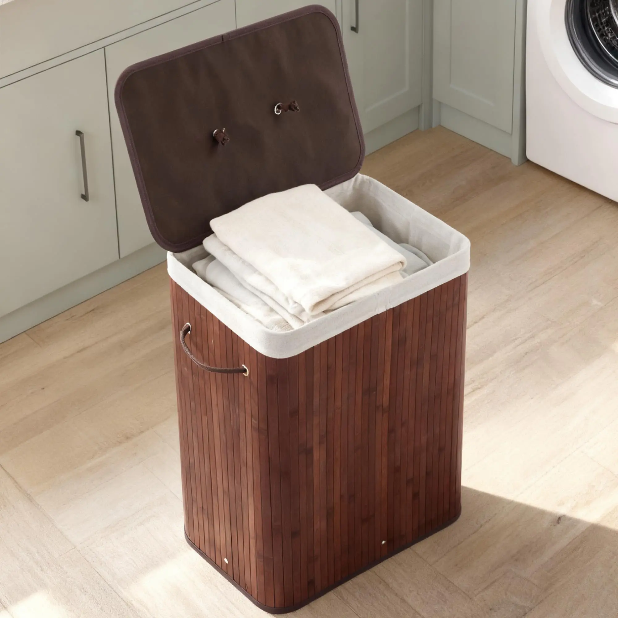 Garvee 106L Rectangular Bamboo Laundry Basket with Lid, Foldable Clothes Hamper with Handles, Removable Bag, Corner Space Saver for Bedroom, Laundry Room Organization, Apartment Accessories, Machine Washable