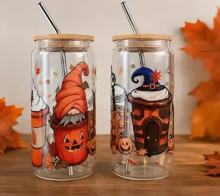 16oz Halloween and Fall Themed Glass Tumblers with Straw and Wooden Lid - Perfect for Cold or Hot Drinks - Handcrafted, not mass produced.