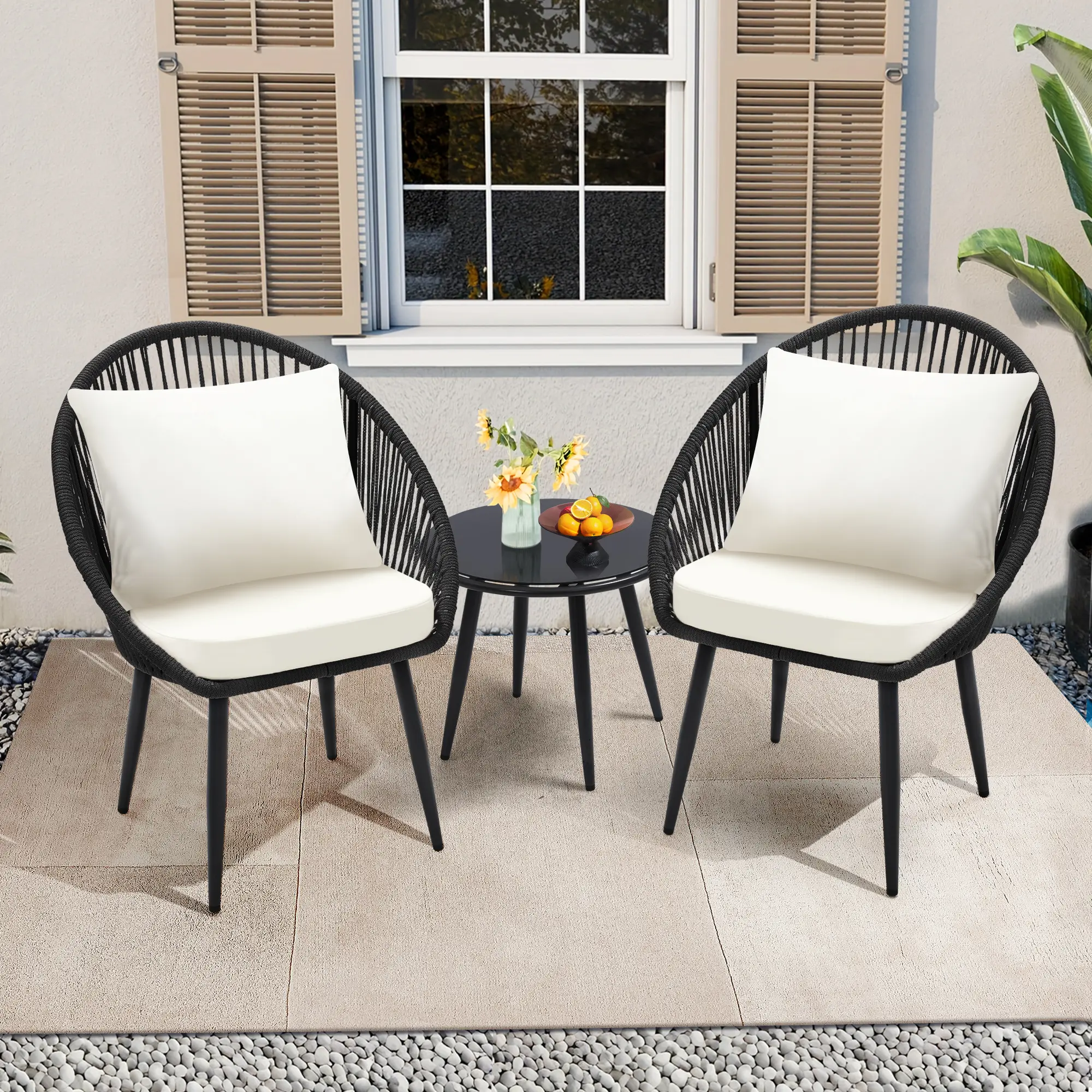 3-Piece All-Weather Bistro Set – Woven Rope Chairs with Cushions & Side Table, Modern Black Patio Set for Balcony, Poolside & Outdoor Lounging summerwins